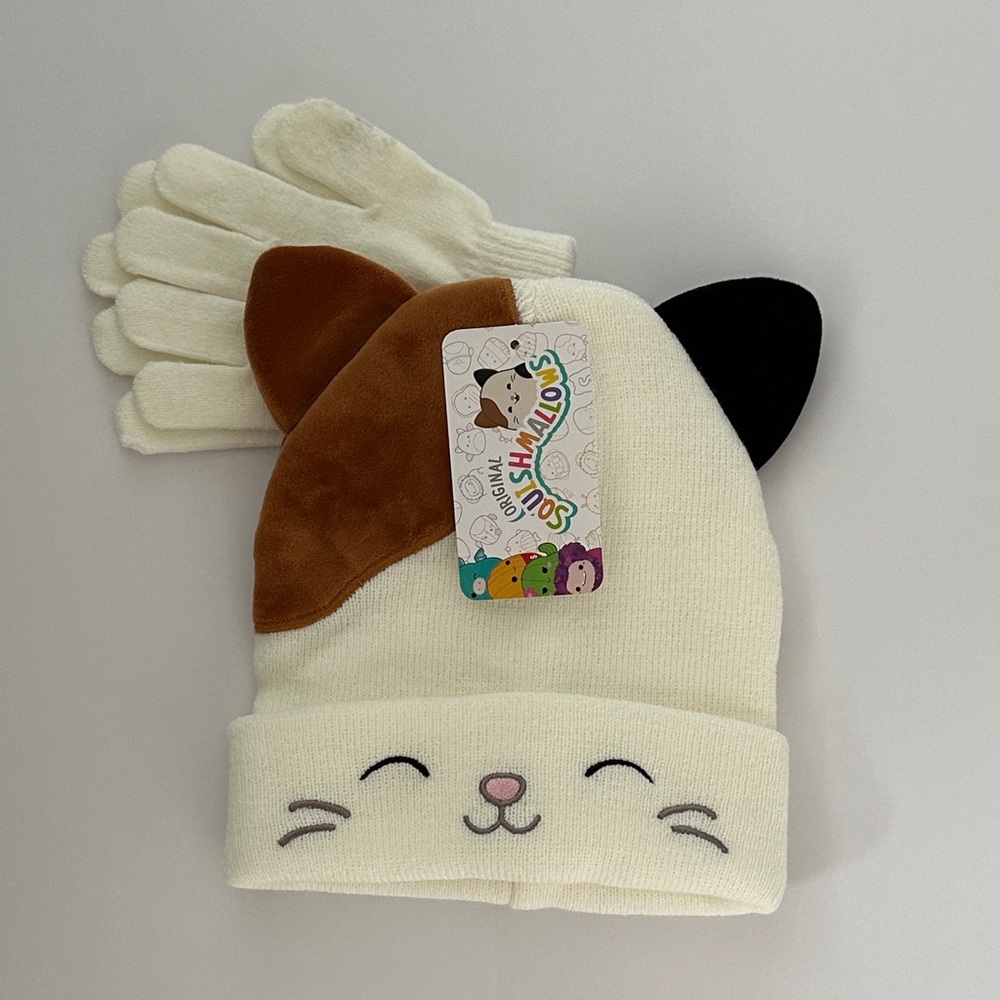 Squishmallows Cat Ear Beanie and Gloves Set - Cream and Brown